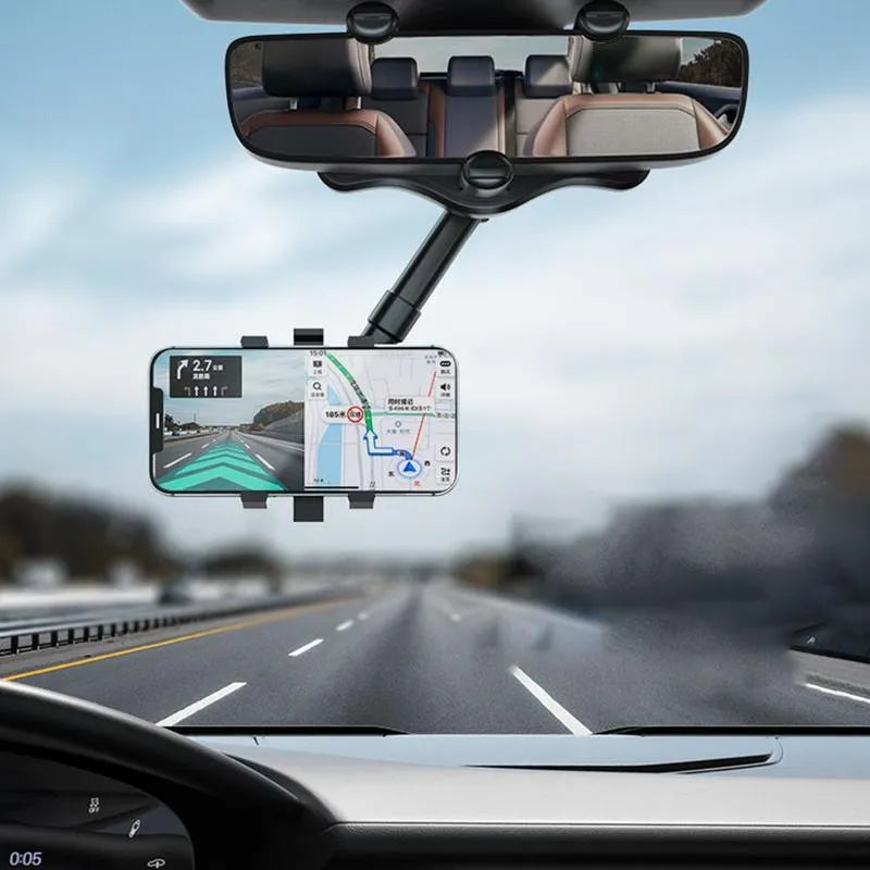 Black rearview mirror car phone holder with telescopic arm and 360° rotating joint on a car mirror.