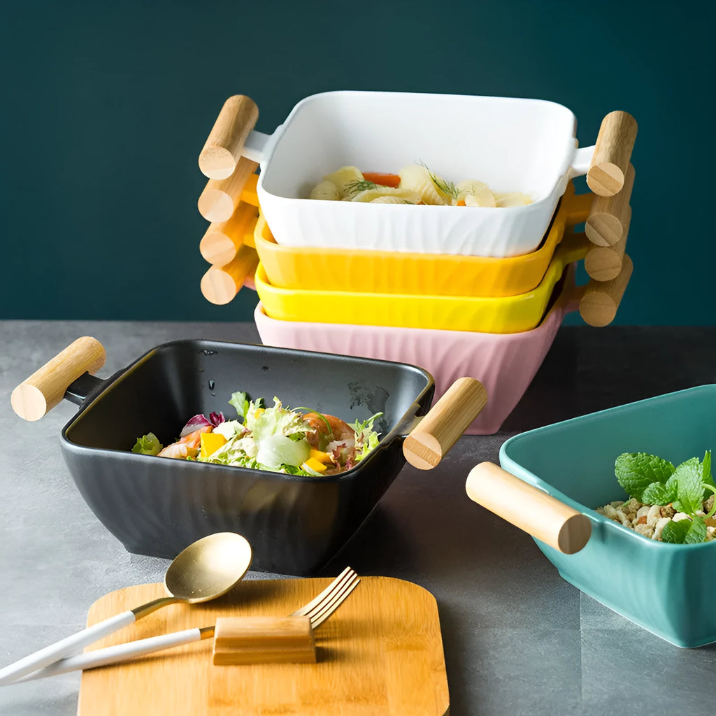 Porcelain ceramic bowl with irregular shape and matching lid in modern simple design