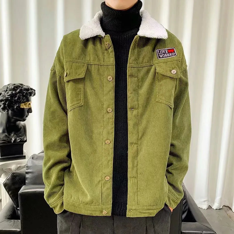 Men's corduroy workwear jacket in khaki colour with side pockets and loose fit design
