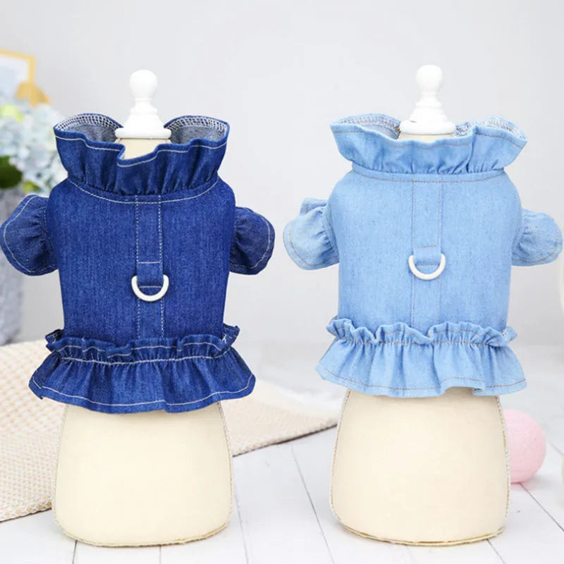 Blue denim dog dress with ruffles and a metal leash hook on the chest, shown on a small dog