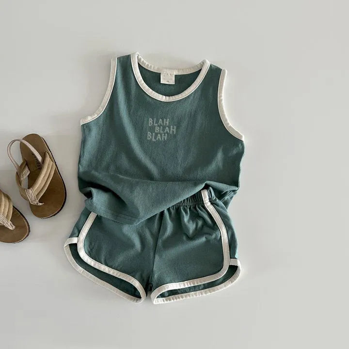 Cotton sports vest and shorts casual children suit in green, pullover style, for height 80-130cm
