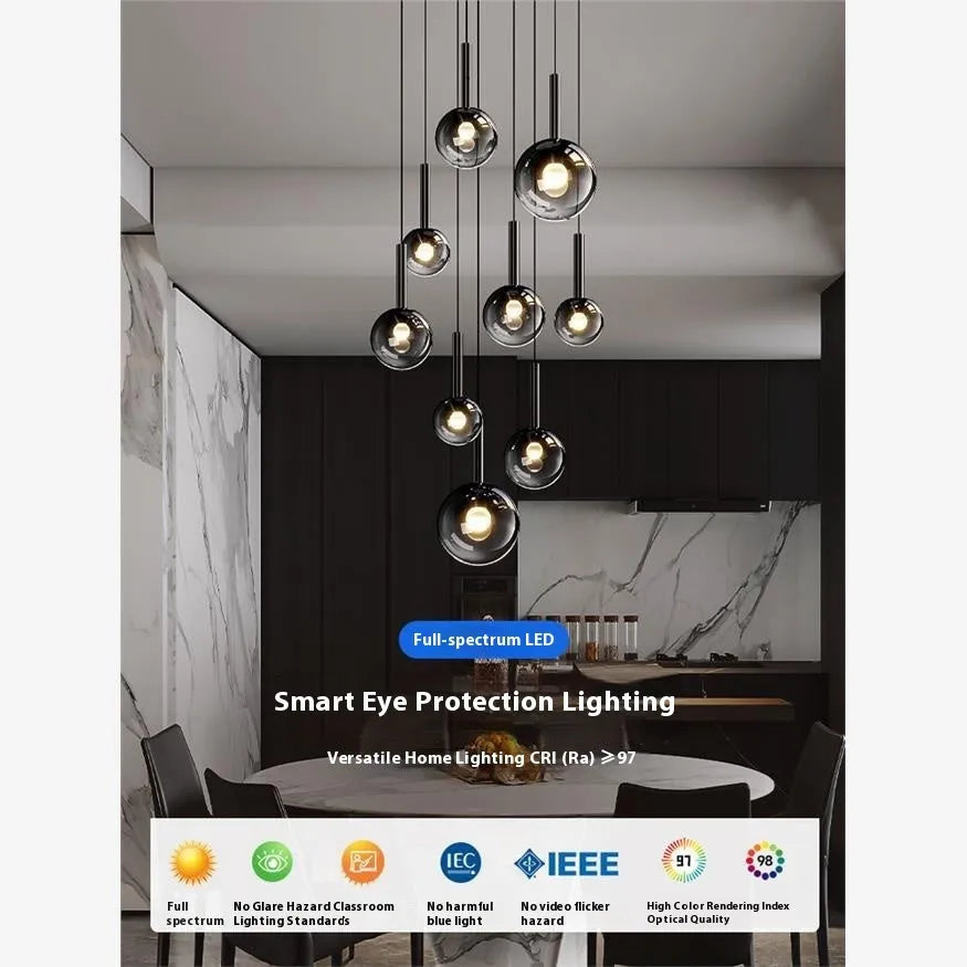 High-grade empty chandelier rotating staircase long chandelier glass ceiling lamp 3 heads shiny black
