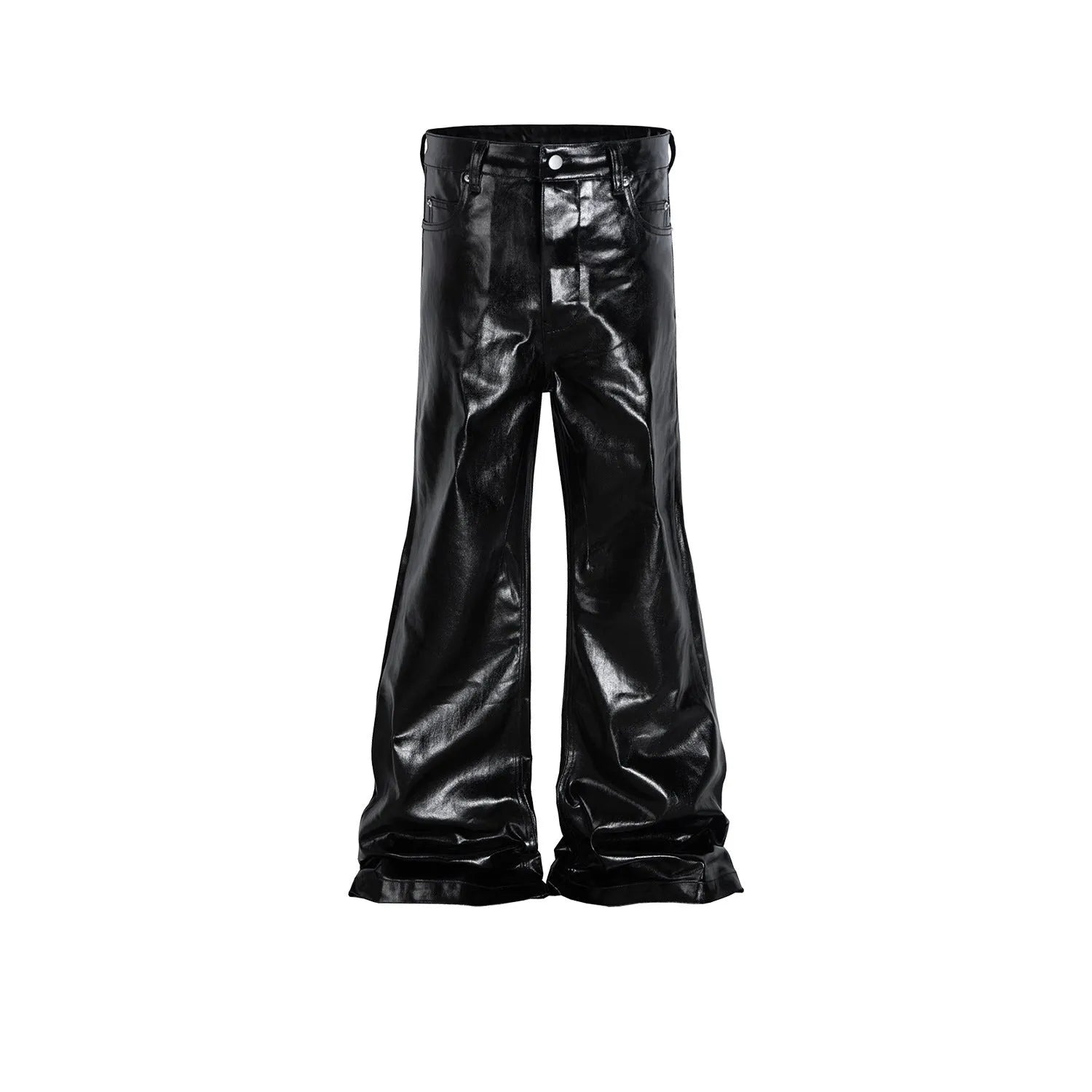 Black shiny patent leather coated skinny jeans on a denim background.