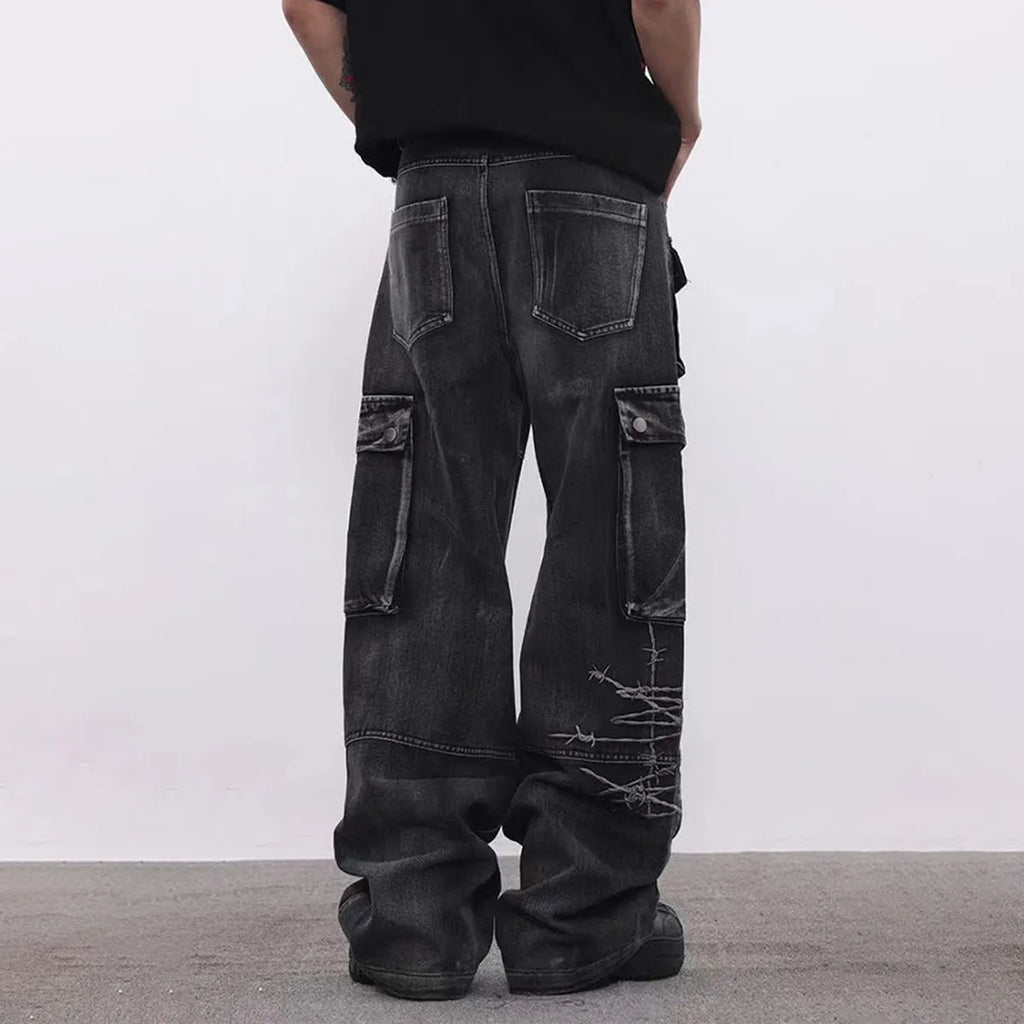 Men's black cotton embroidery trousers with wide-leg loose fit design