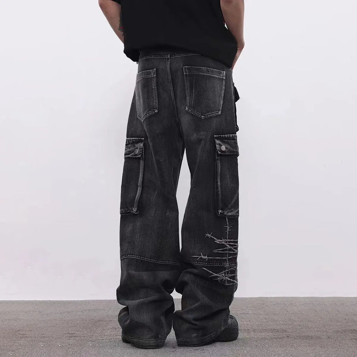 Men's black cotton embroidery trousers with wide-leg loose fit design