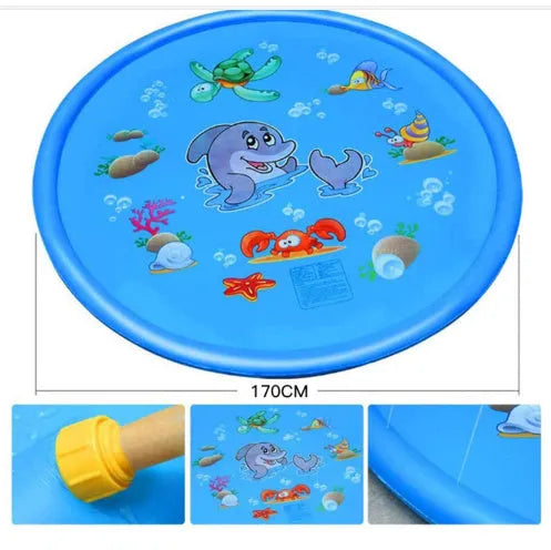 Blue PVC water spray play pad mat for children with marine animal design in garden setting.