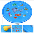 Blue PVC water spray play pad mat for children with marine animal design in garden setting.