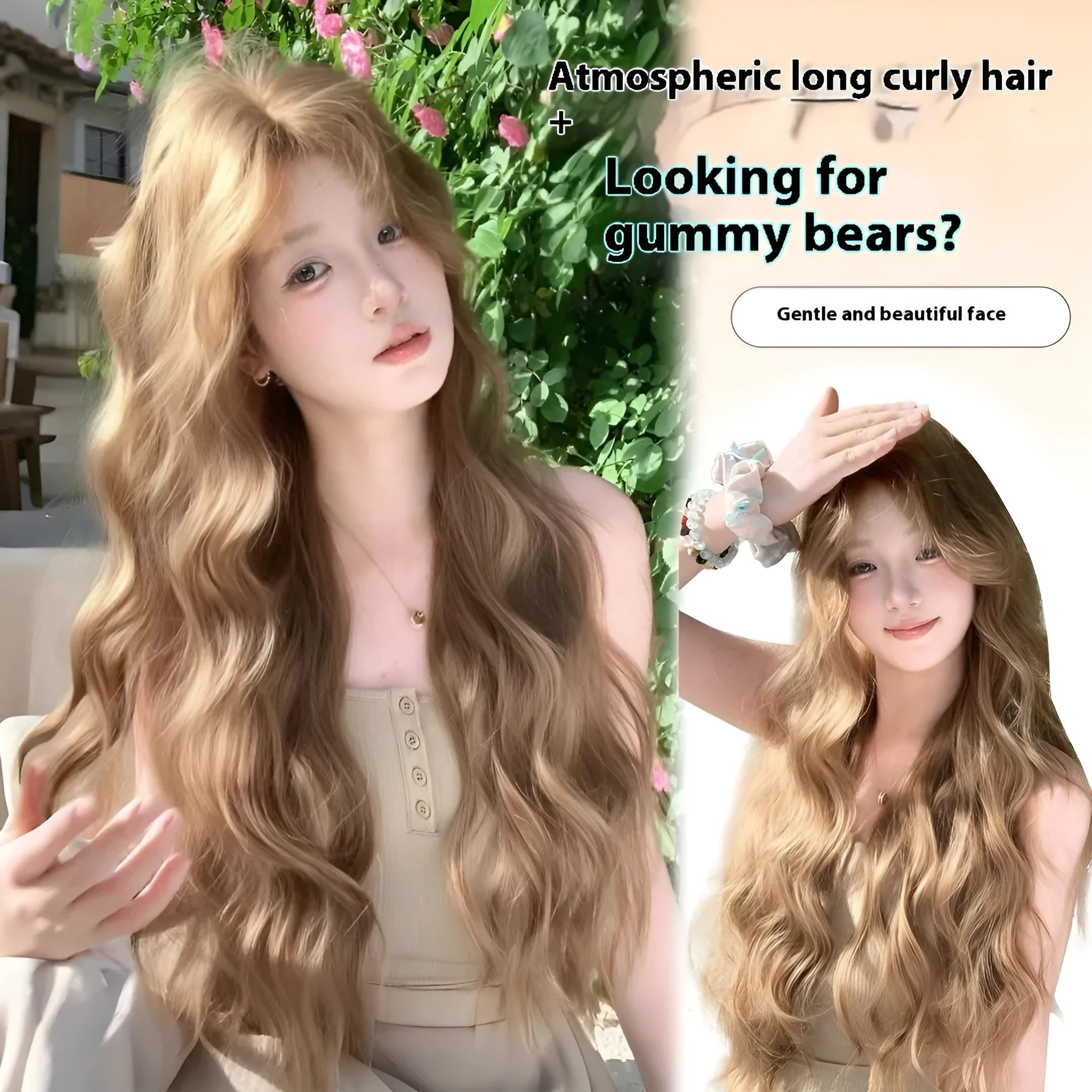 Linen brown medium-long curly synthetic wig on display stand with hair net