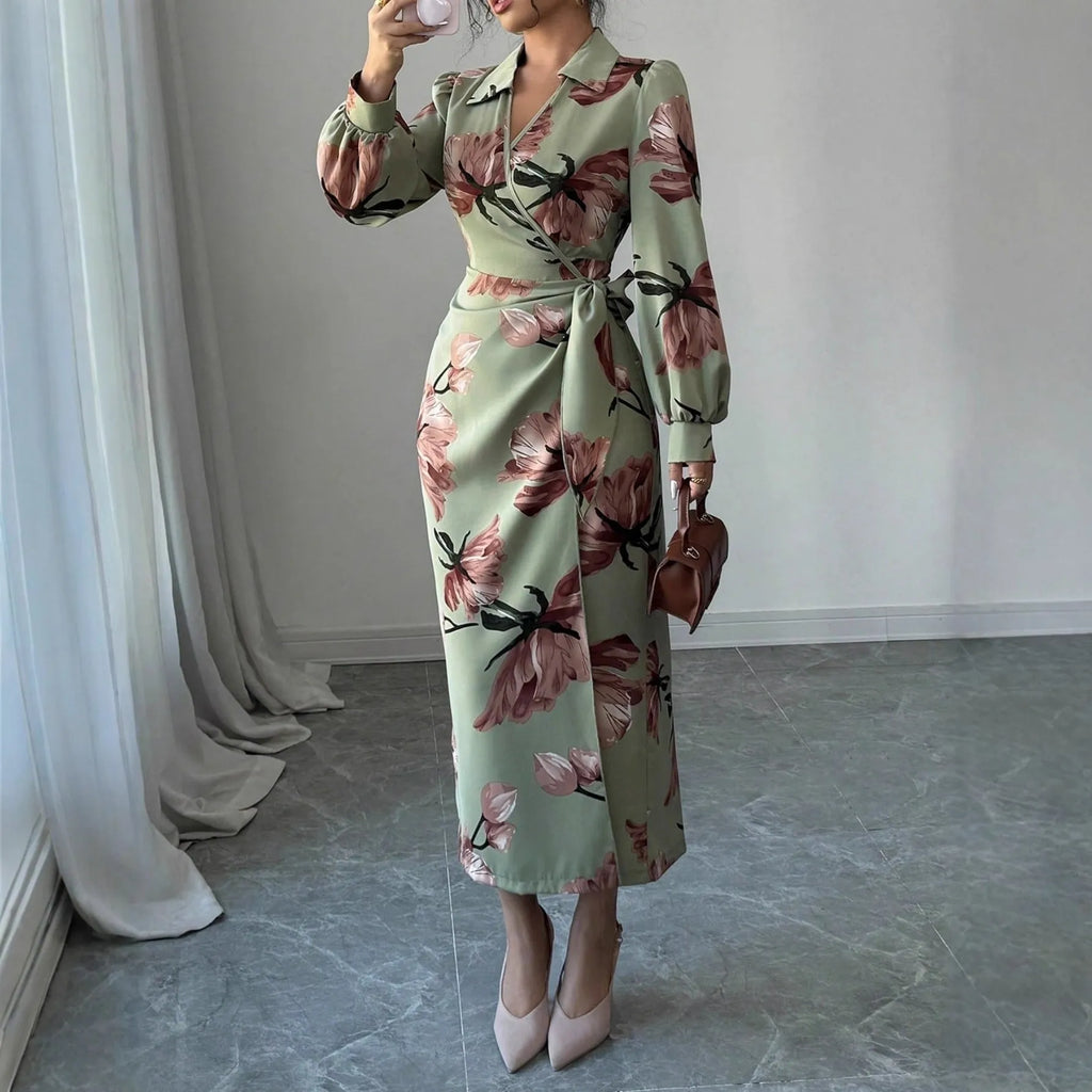 Army green long sleeve printed tie dress with belt, mid-rise waist and pencil style, sizes S to XL