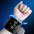 Black rechargeable wrist blood pressure monitor with digital display and wrist cuff.