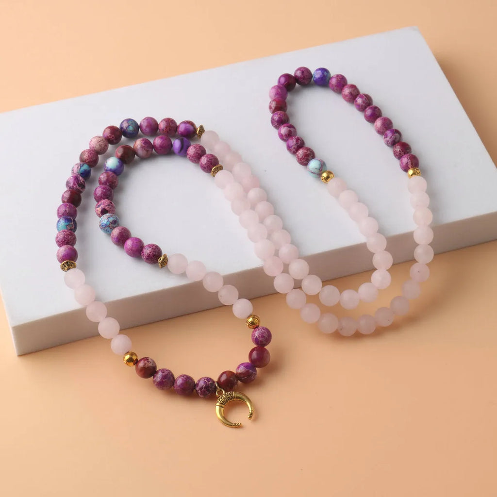 Pink crystal Emperor Stone beads pendant necklace on single chain for unisex casual wear