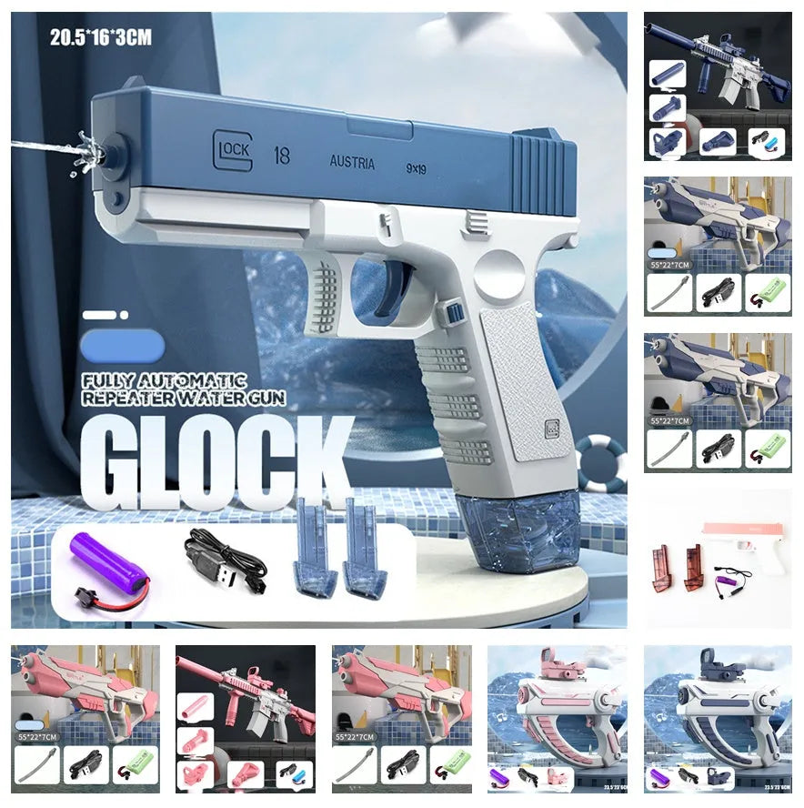 Blue electric water gun with USB charging port and automatic water absorption system