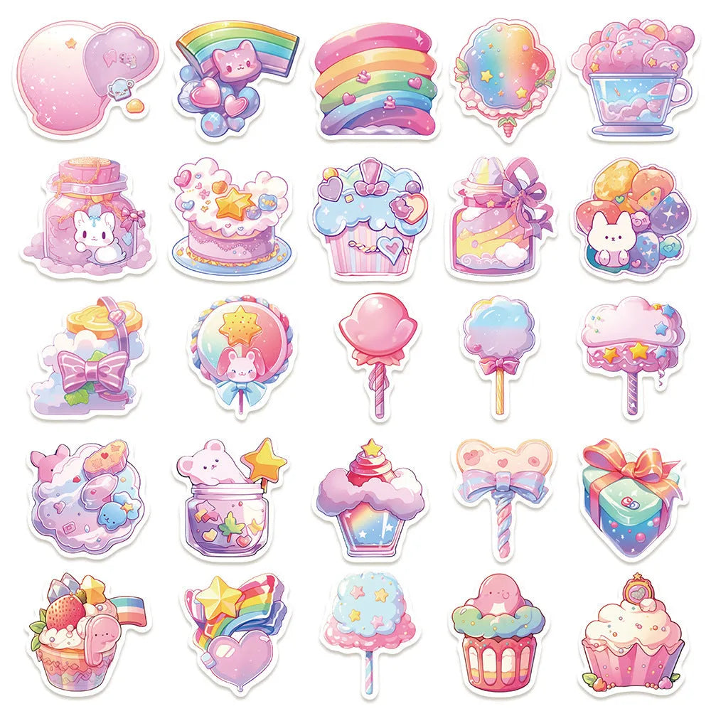 Pack of 50 fresh candy and small object design waterproof vinyl stickers for journal decoration.