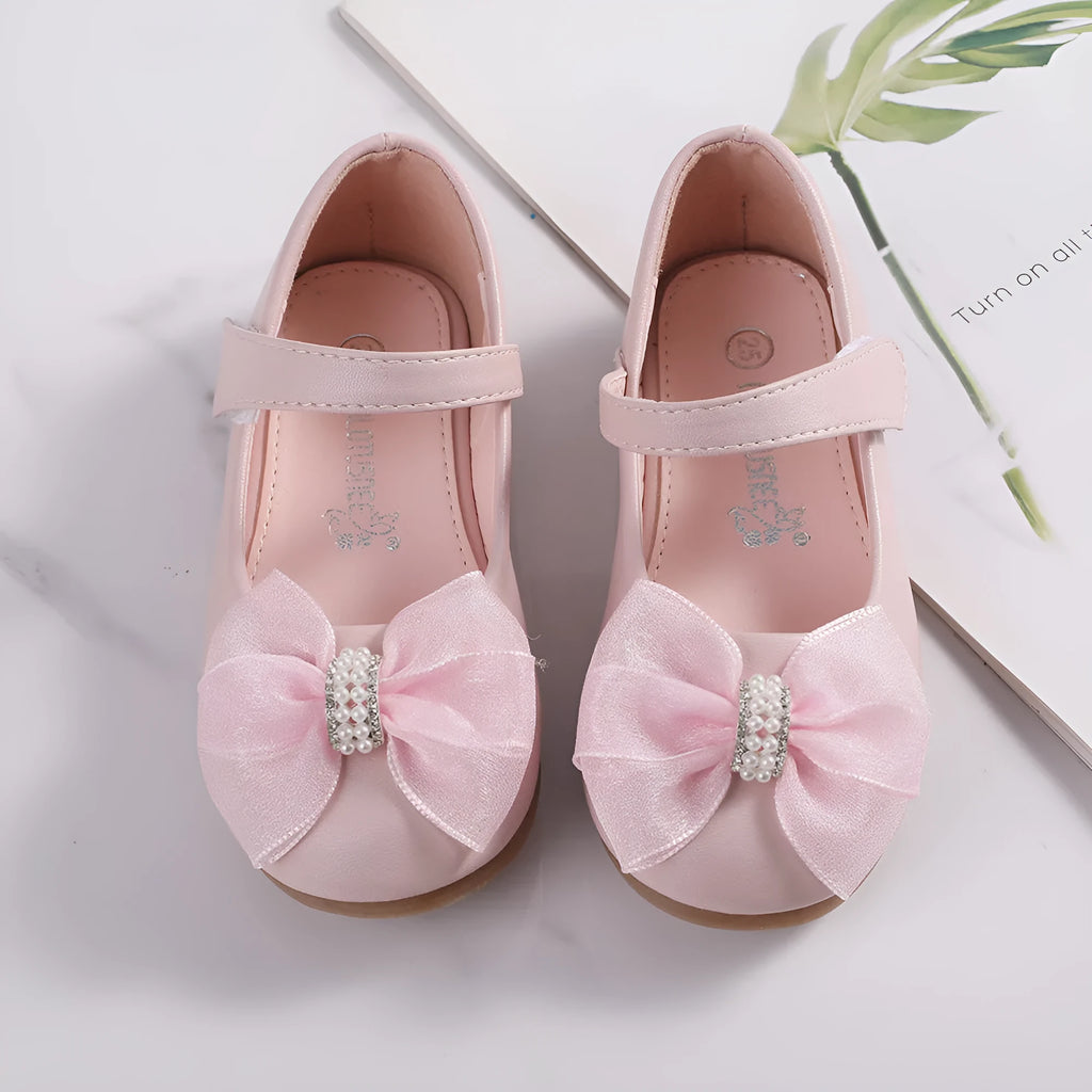 Princess PU leather bow flower girl shoes in beige with Velcro closure and low top design