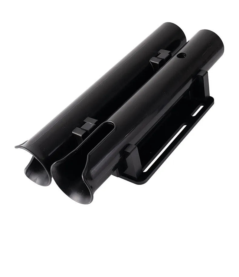 Plastic fishing rod rack with pipe clamp mounted on a bicycle frame