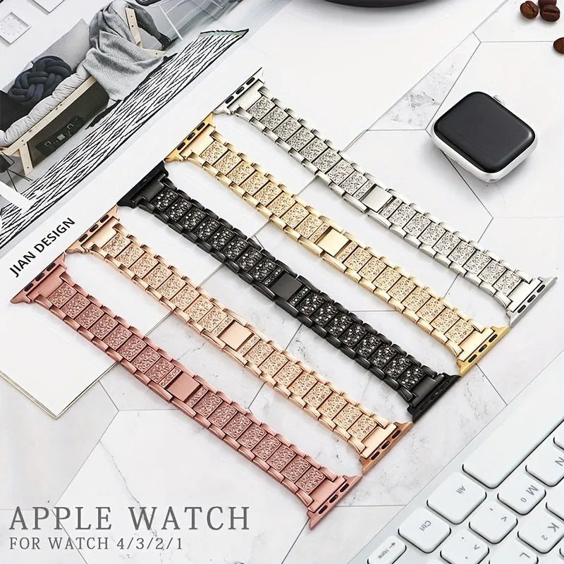 Metal diamond-encrusted watch band in stainless steel with shiny crystals on a black background