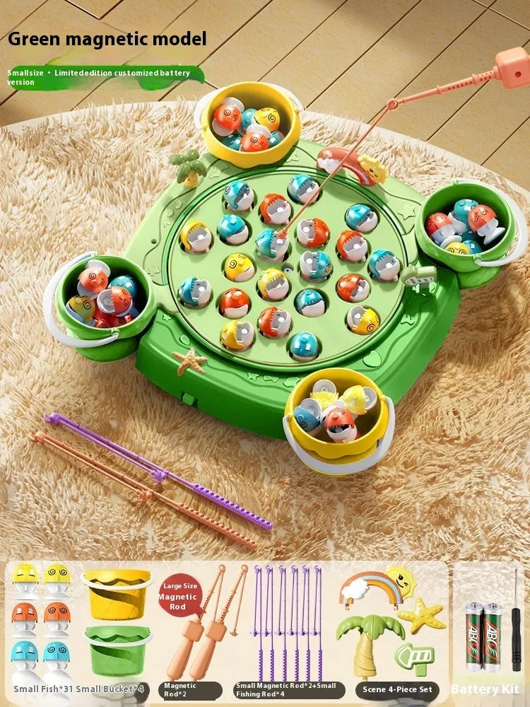 Baby educational magnetic fishing toy set with 8 poles, 4 barrels, and 31 colourful fish