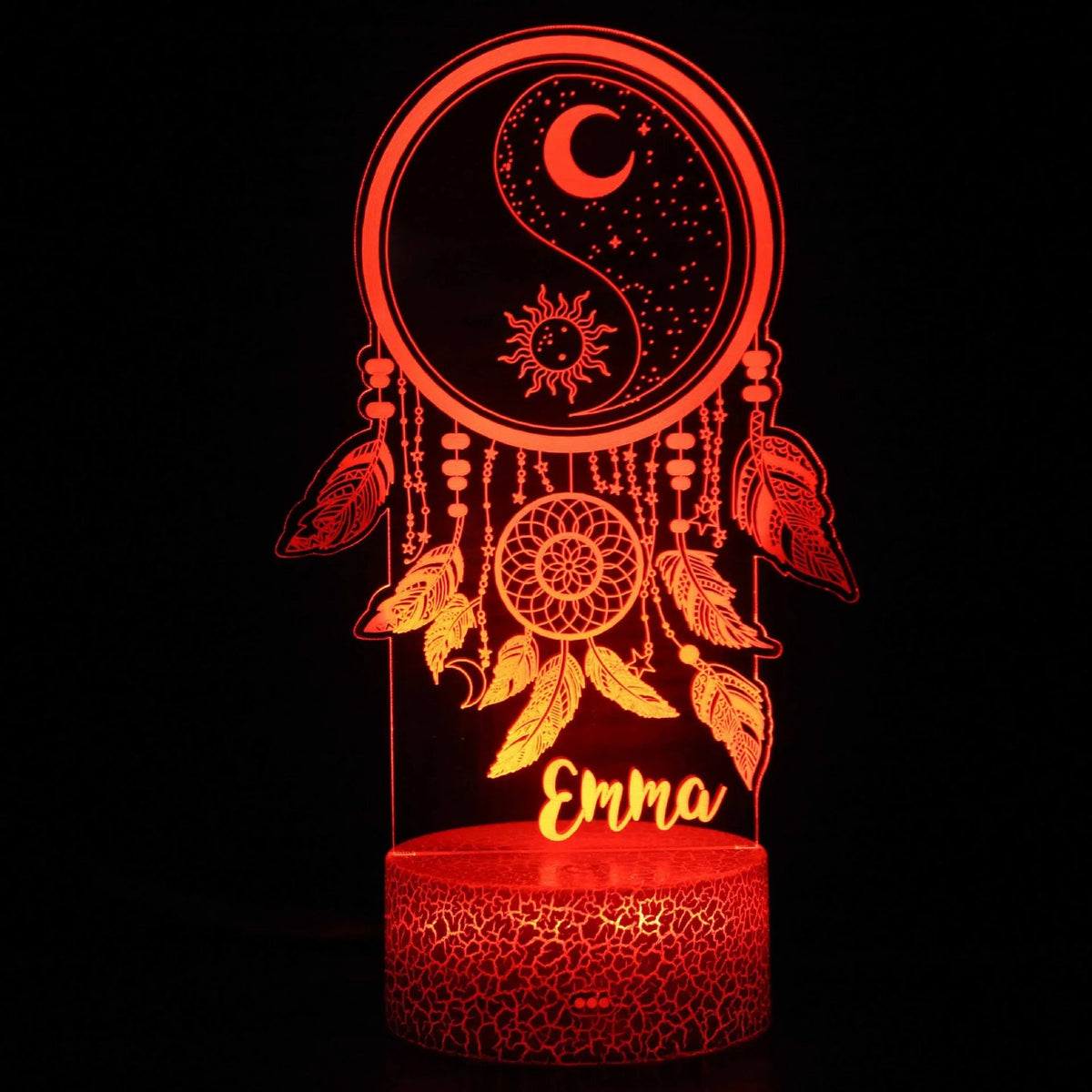 3D cartoon-style LED night lamp with black touch base, showing multiple colour changes on a bedside table.