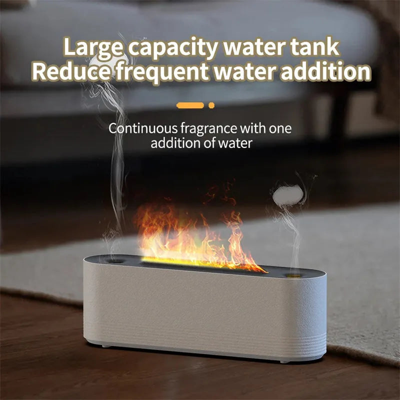 Black Flame Air ultrasonic humidifier diffuser with LED flame lights and mist output on a wooden table.