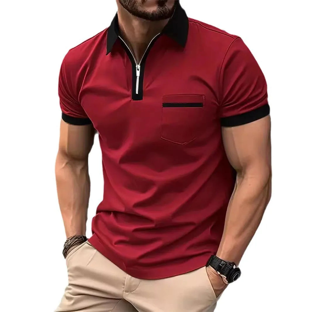 Man wearing a loose-fit casual short-sleeved shirt with a chest pocket and zipper decoration details.