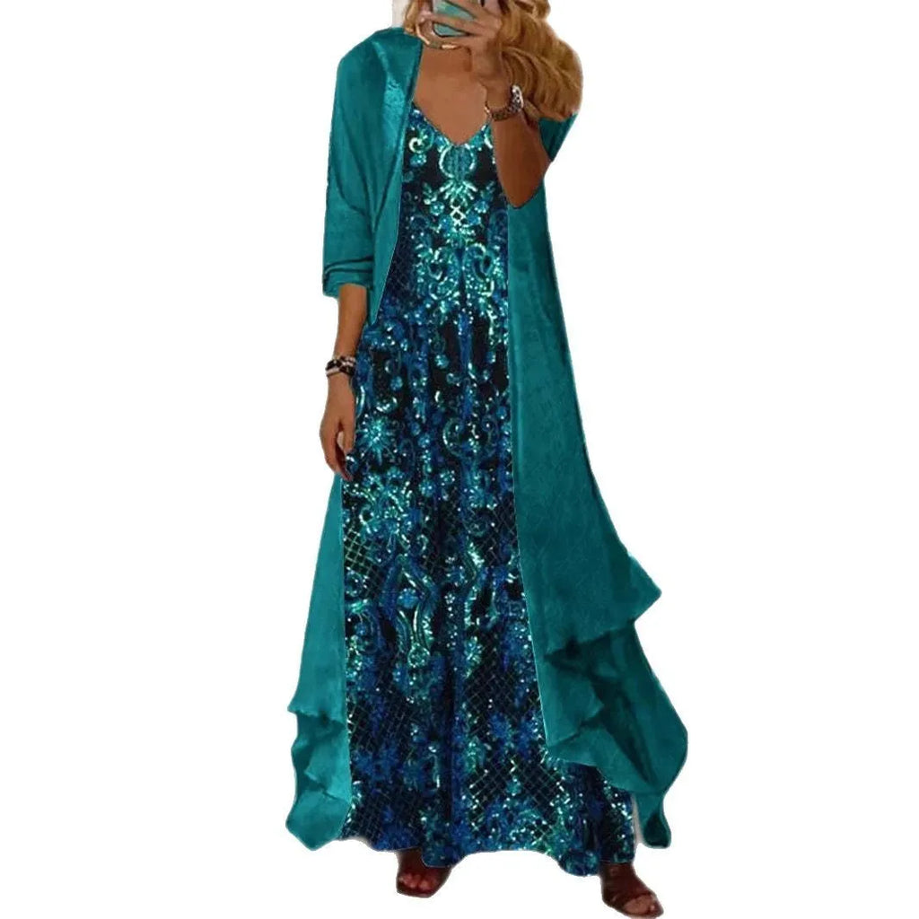 Plus size women's blue dress set with V-neck top, lining, long skirt, and crocheted flowers on polyester fabric