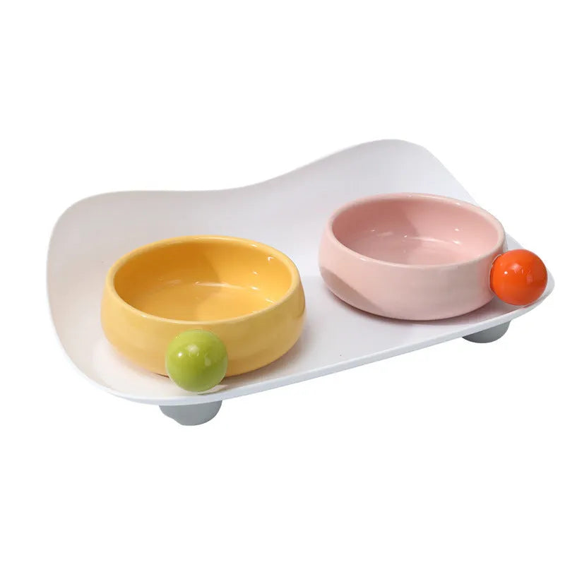 Ceramic raised pet bowl set with two bowls on non-slip silicone base for cats and small dogs