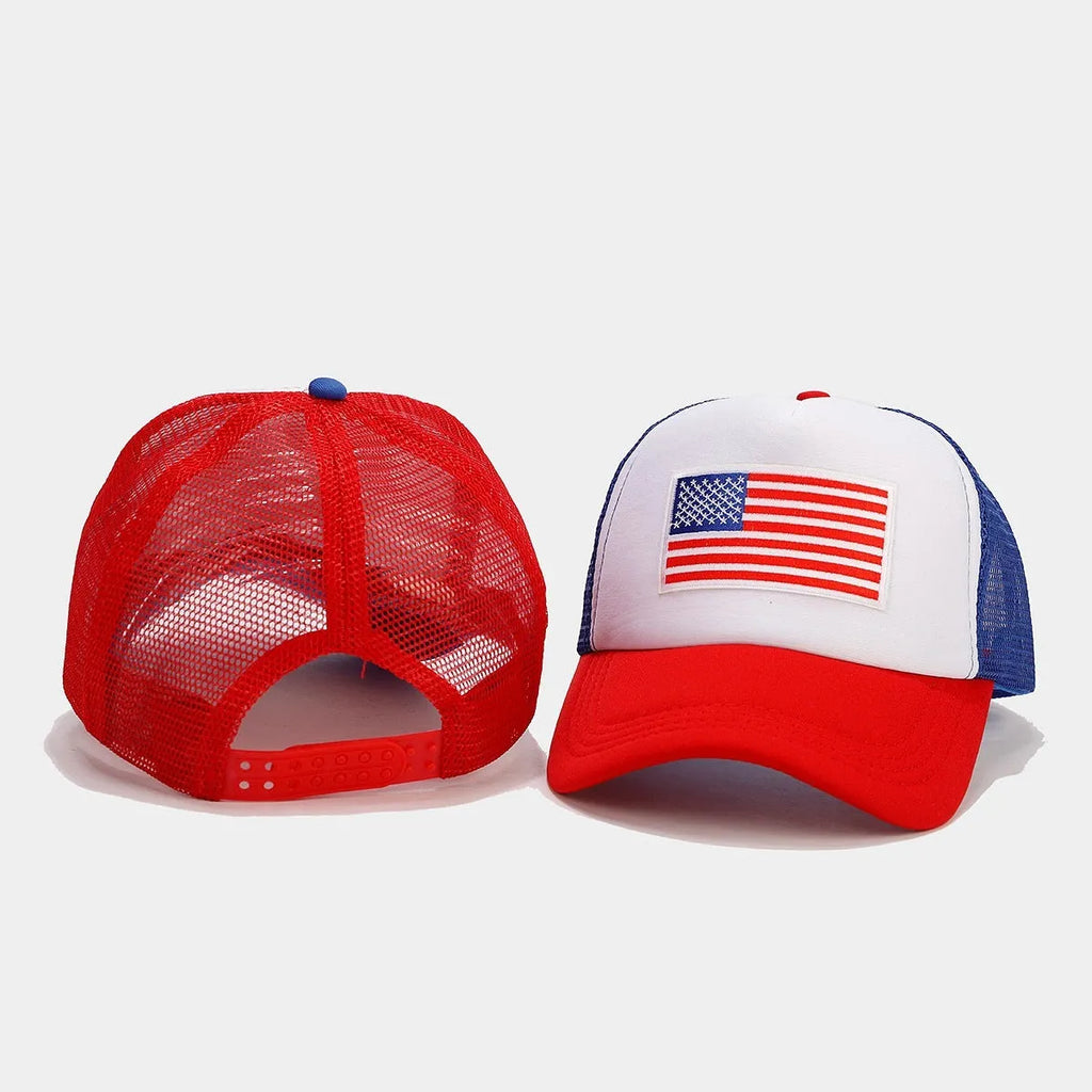 Red and blue contrasting mesh baseball cap with adjustable fit and breathable space cotton construction