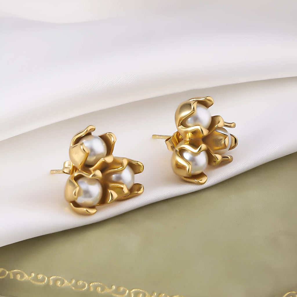 18K gold plated titanium steel flower earrings with sphere design for women