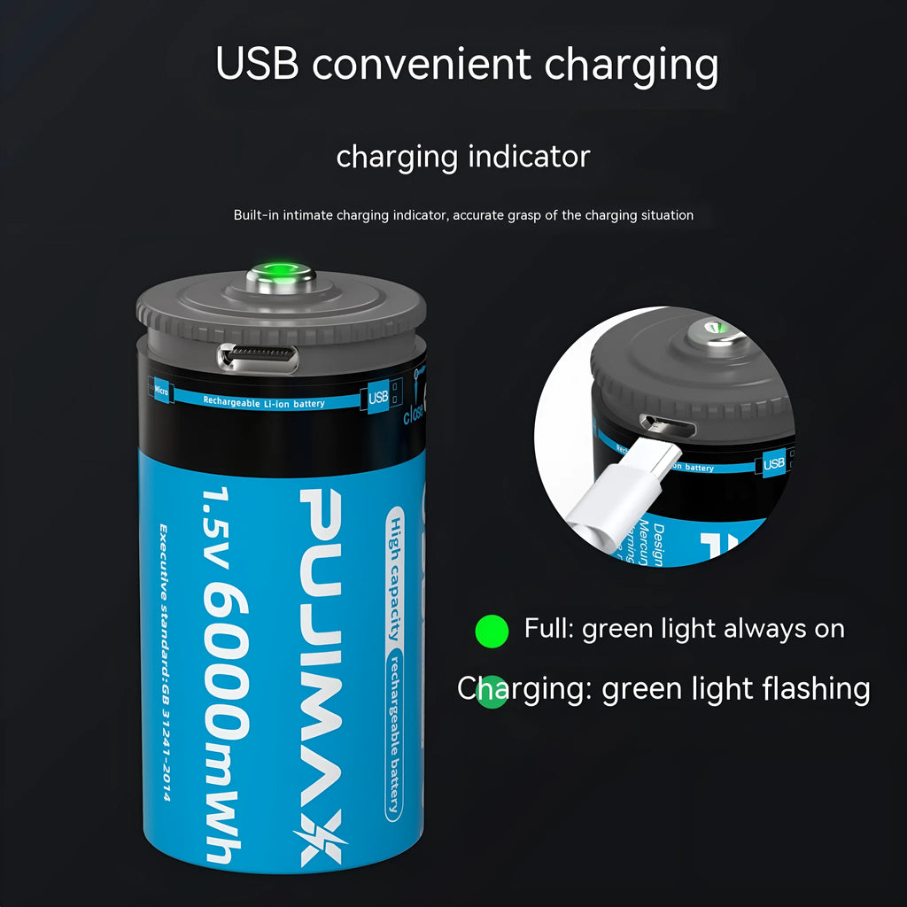 USB rechargeable 1.5V battery, 6000mWh, Type-C Micro USB, 32mm x 61mm, for water heater shower rocking chair flashlight