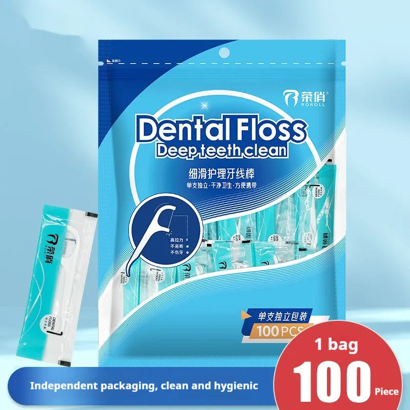 Portable dental floss in plastic packaging measuring 180x238mm with 100 or 108 piece options