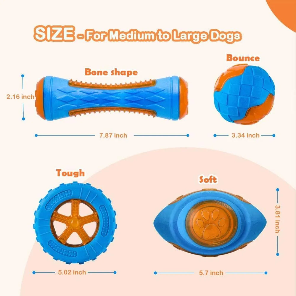 Three squeaky floating dog toys: a ball, barbell, and tires on a blue background.