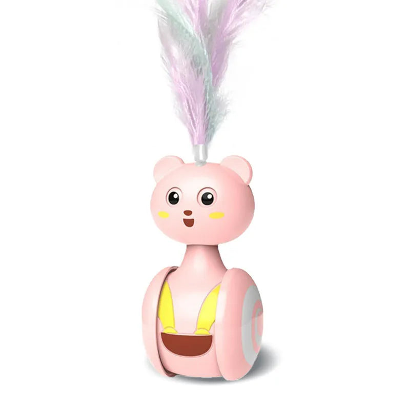 Cat interactive tumbler toy with rotating feather wand and ball attachments in pink or blue colours