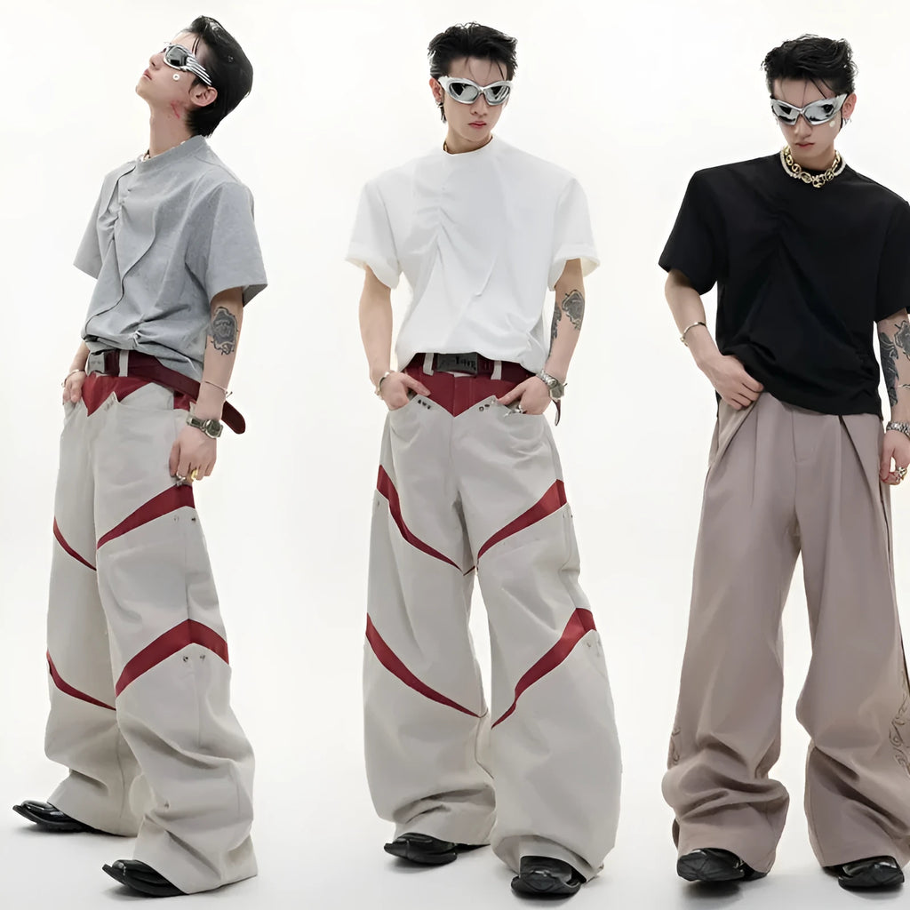 Men's loose grey cotton t-shirt with three-dimensional pleated detail and asymmetric styling