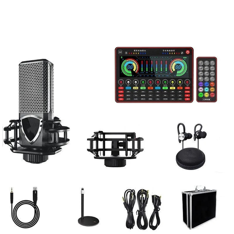 G4 professional sound card set with LCD screen, microphone, remote control, and cables on a desk.