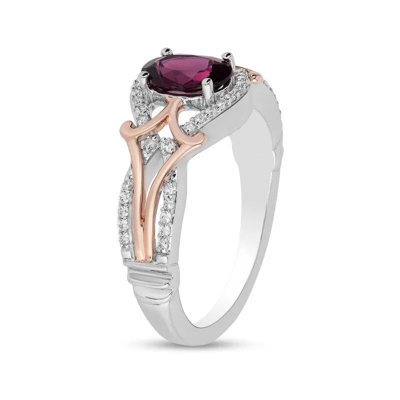 Micro inlaid zircon egg-shaped amethyst two-tone ring for women in copper, sizes 6 to 10.