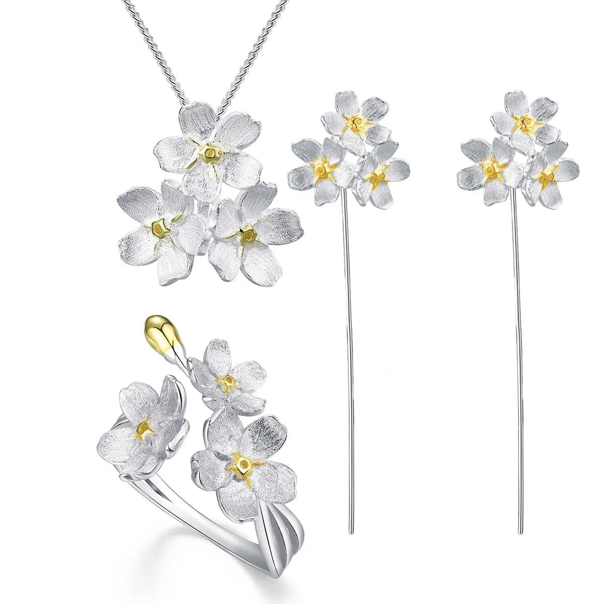Hand-designed Myosotis Sylvatica flower sterling silver pendant with gold or silver electroplated finish.