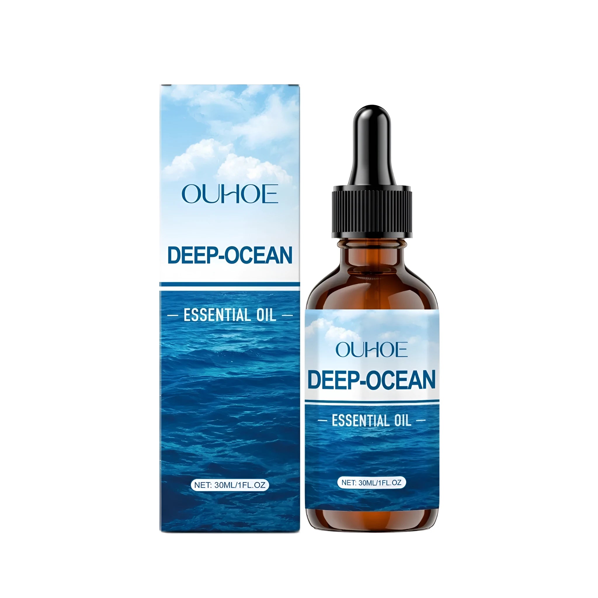 30ml glass bottle of Deep-Ocean essential oil with a dropper, showing amber liquid.