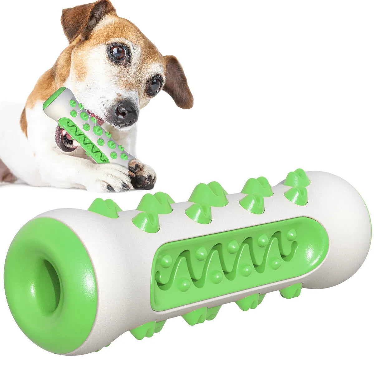 Natural rubber dog dental chew toy in blue, green, yellow, and black blue colours.