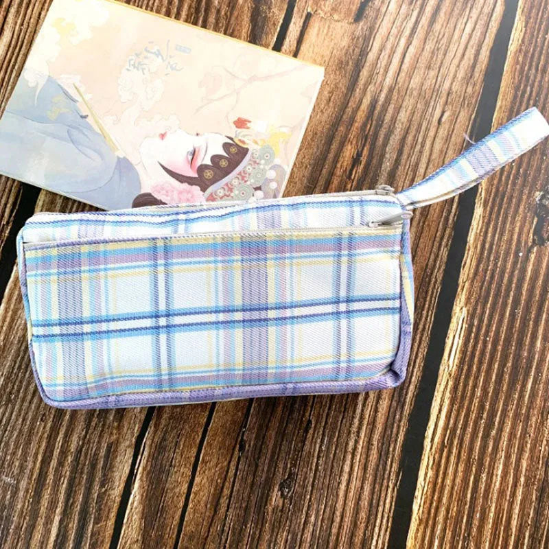 Double-layer canvas stationery bag in striped grid pattern, square shape, casual style