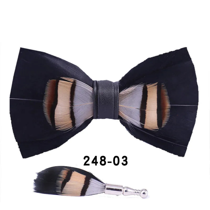 Handmade feather bow tie in polyester yarn, flat head style, 12cm x 6cm, unisex adult size
