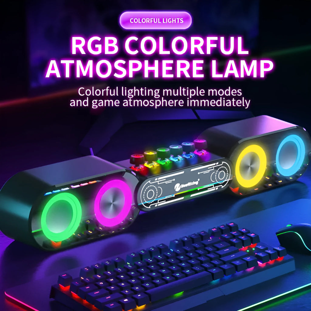 White RGB colourful e-sports Bluetooth speaker with plastic shell, built-in lithium battery, and mechanical buttons