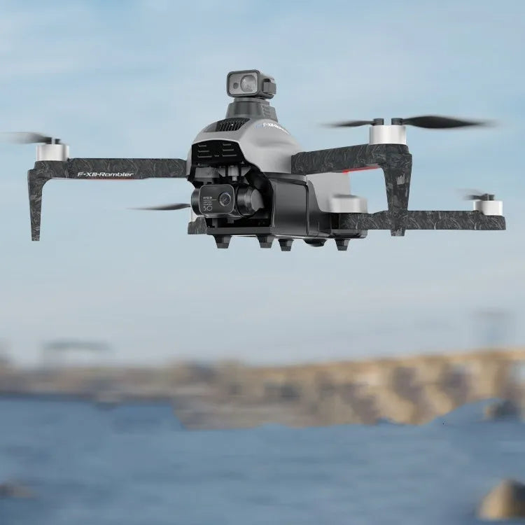 White folding quadcopter drone with camera and propellers, shown with remote control and shoulder bag.
