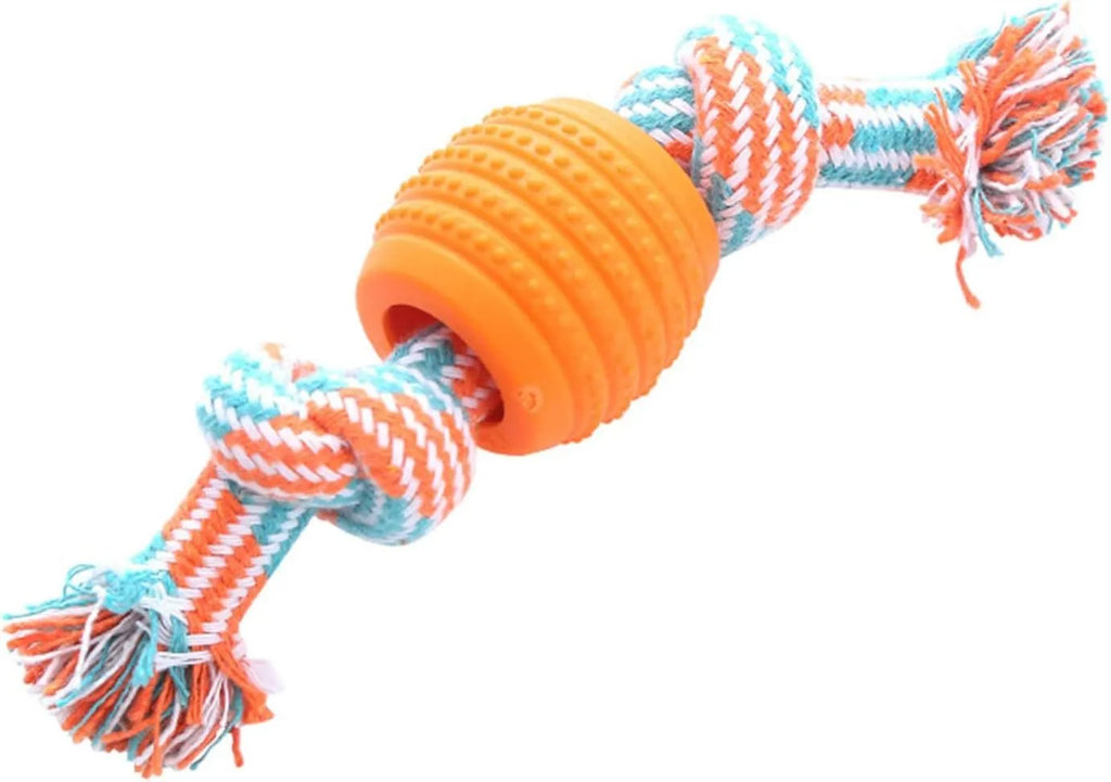 Blue molar-shaped dog chew toy with a white rope threaded through the centre.