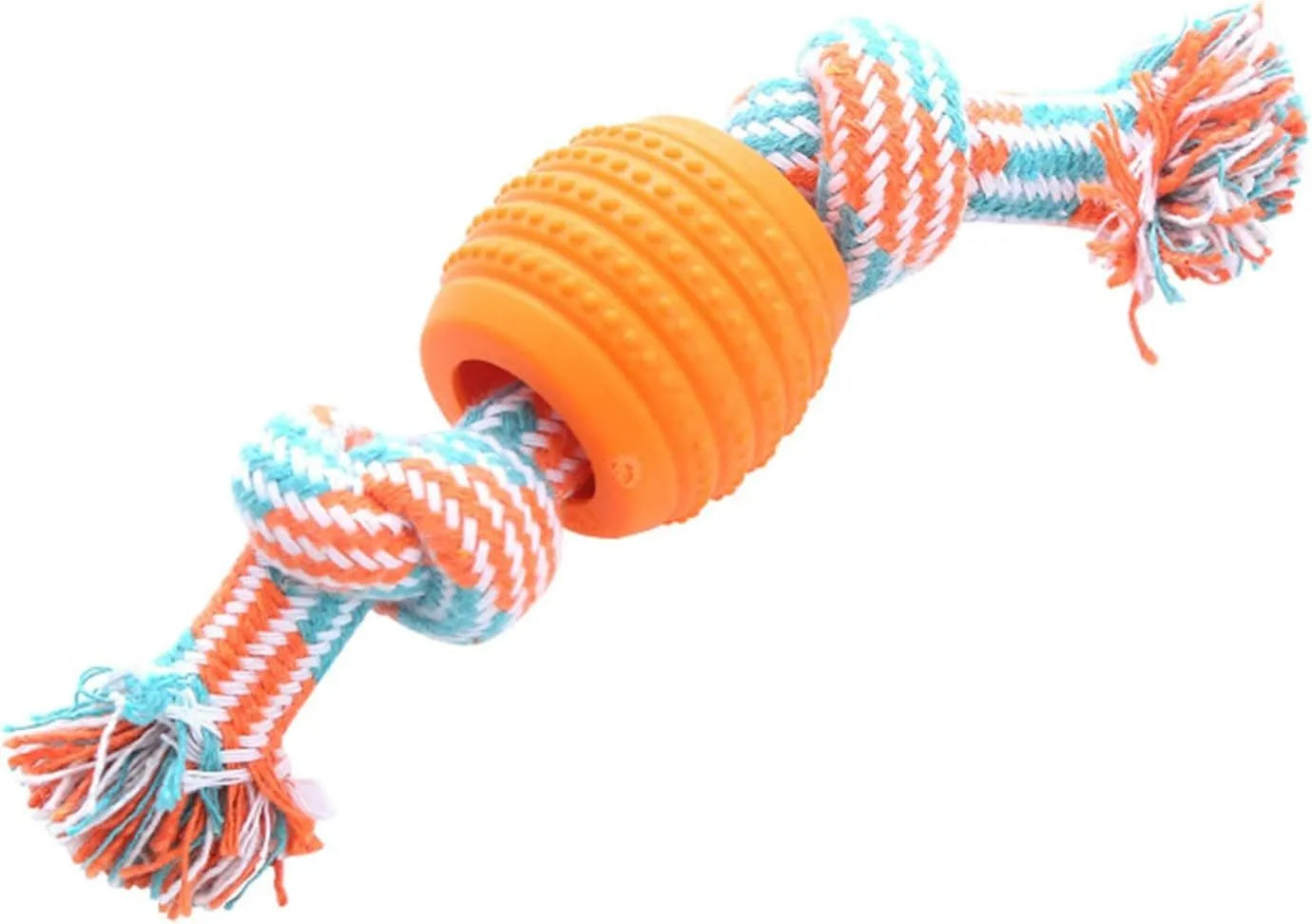 Blue molar-shaped dog chew toy with a white rope threaded through the centre.