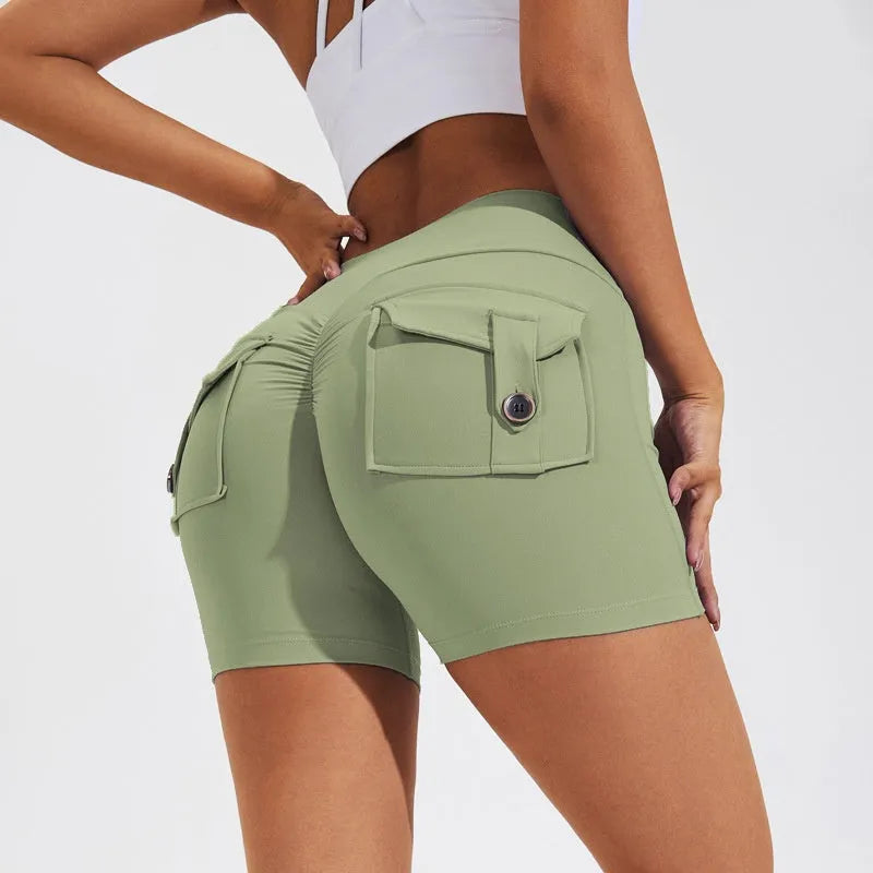 Women's high-waist fitness shorts with pockets in quick-dry nylon fabric for summer workouts