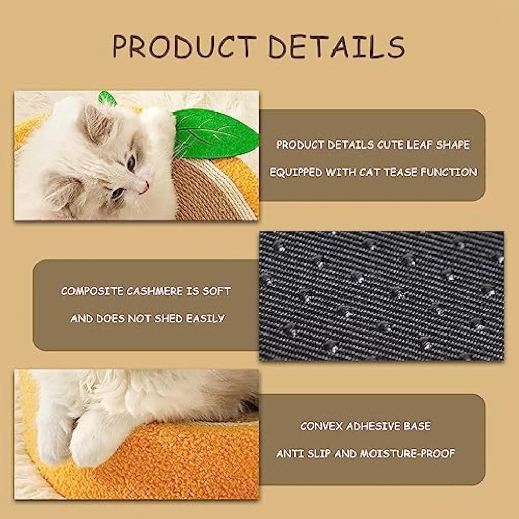 Yellow fruit-shaped sisal cat scratching board and round bed for small cats.
