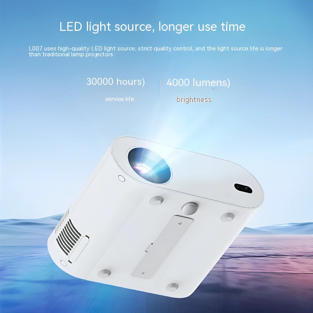 White T07 Full HD 1080p smart home cinema projector with remote control on a wooden surface.