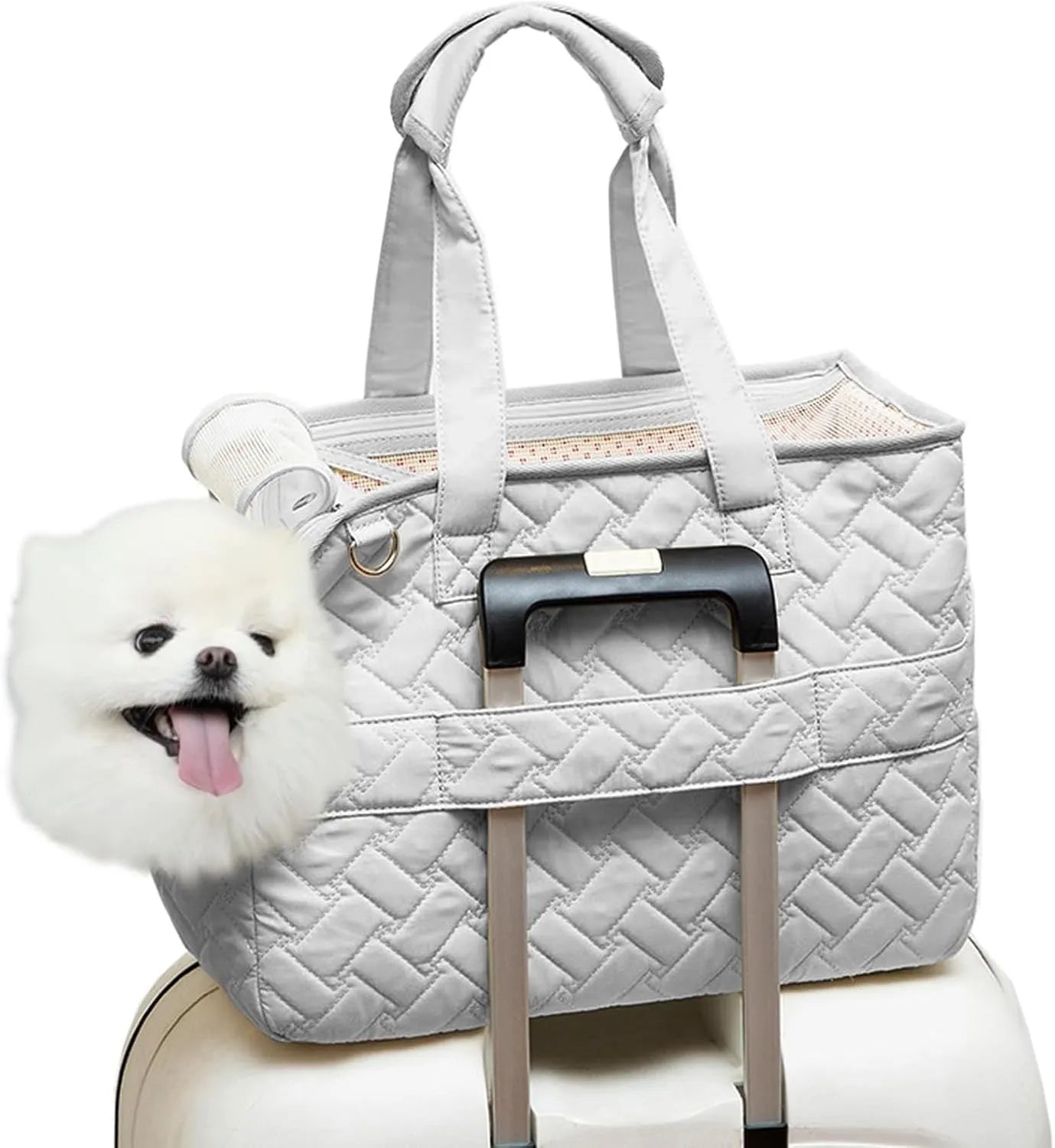 Grey pet carrier handbag with mesh panels showing interior cushion and safety cord attachment