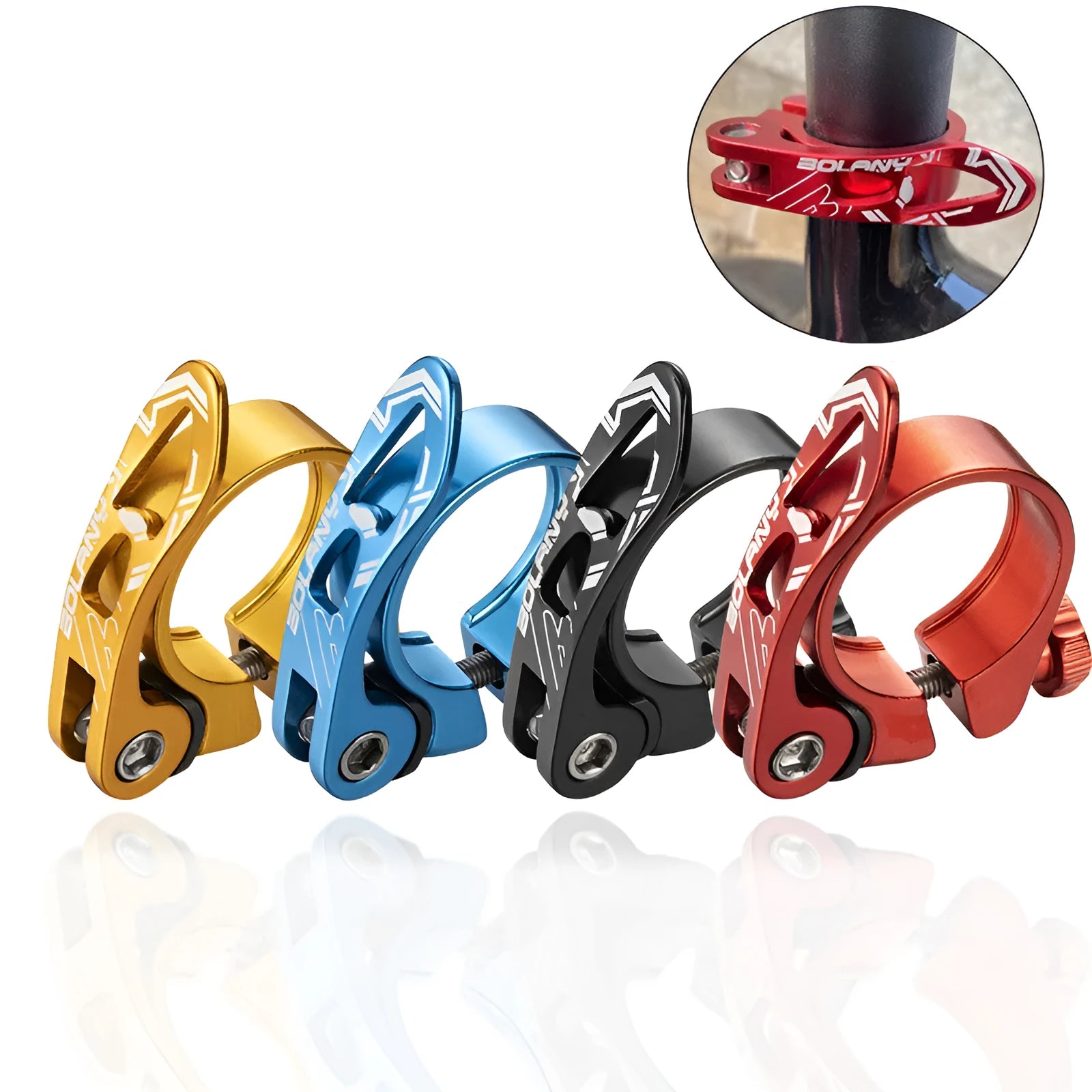 Aluminium alloy mountain bicycle seat post clamp accessory in black, blue, gold, or red colour.