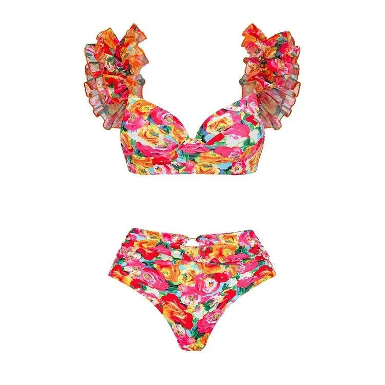 Women's floral push up bikini swimsuit with high waist split design